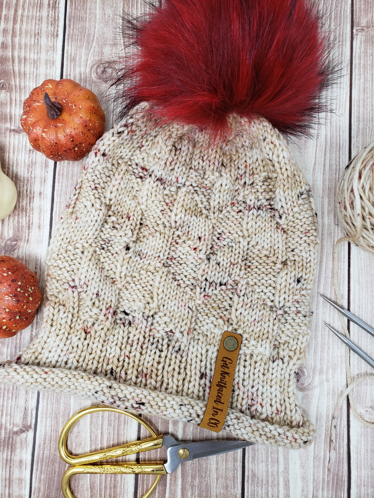 Beige Speckle Detachable Pom Pom Hat - Adult Size - Women's Winter Hat - Hand Knit