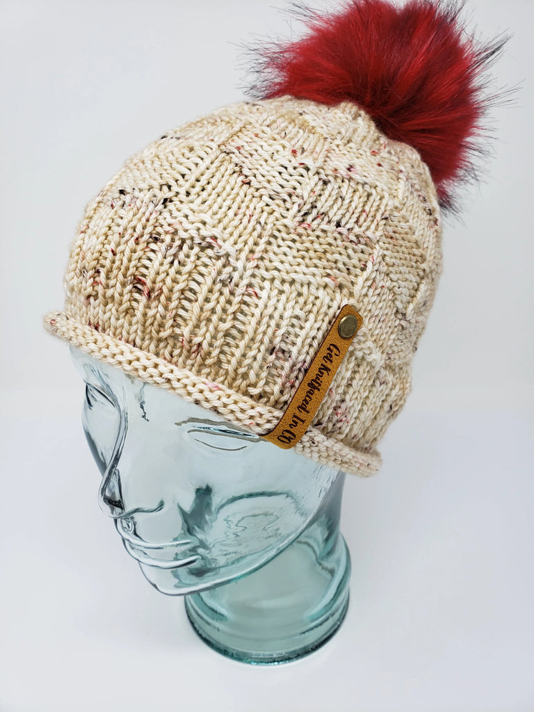 Beige Speckle Detachable Pom Pom Hat - Adult Size - Women's Winter Hat - Hand Knit