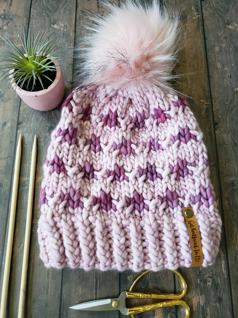Pink Detachable Pom Pom Hat - Adult Size - Women's Winter Hat - Hand Knit