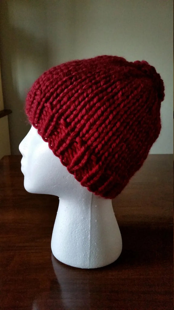 Red Chunky Hand Knit Messy Bun Hat