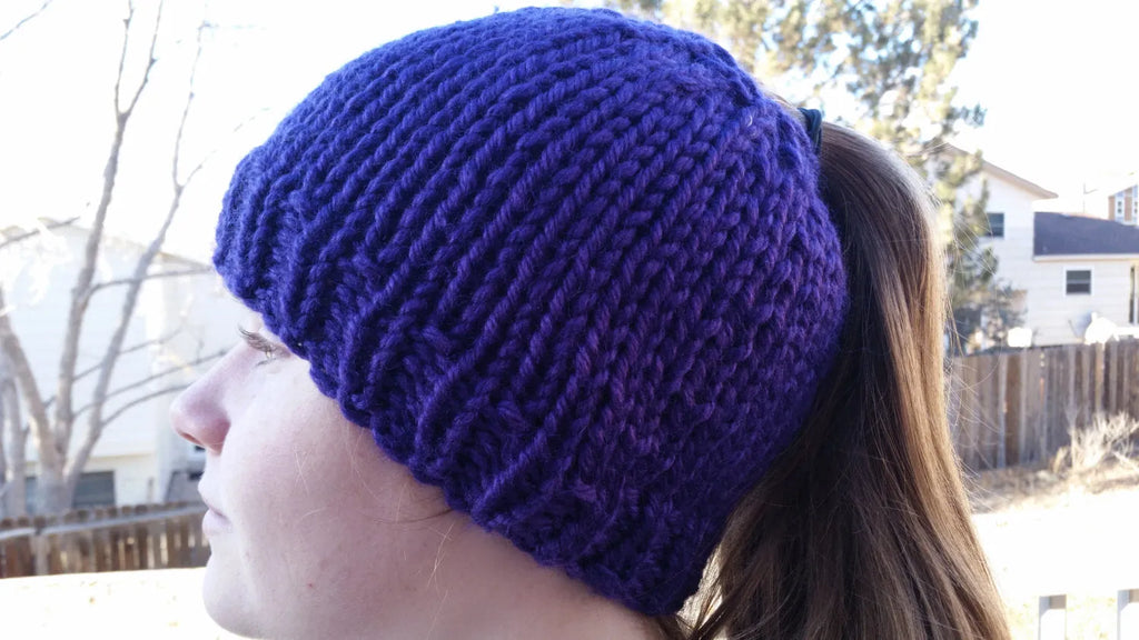 Purple Chunky Hand Knit Messy Bun Hat