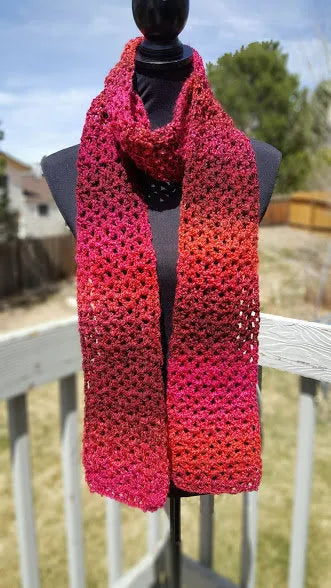Red Variegated Hand Crocheted Eyelet Winter Scarf -