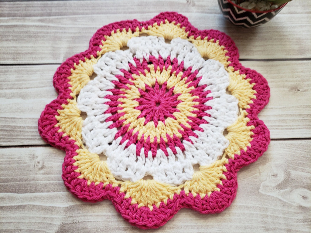 Pink Yellow Green Cotton Crocheted Dishcloth Set