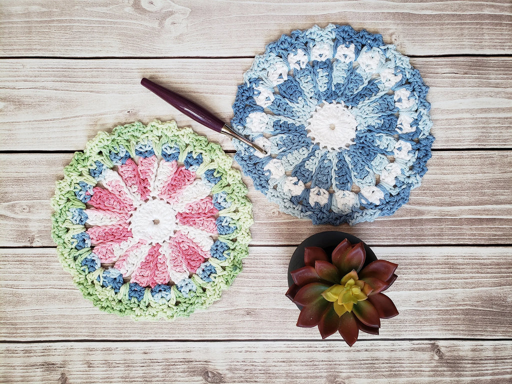 Blue Pink Green Cotton Crocheted Dishcloth Set
