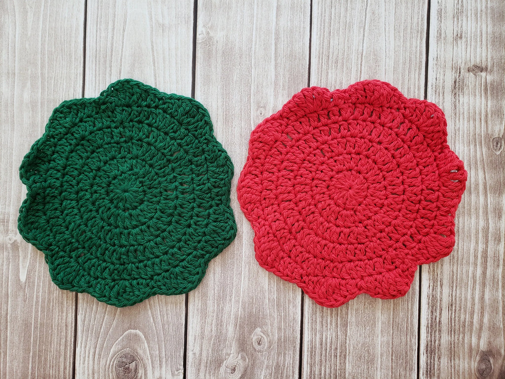 Green White Red Cotton Crocheted Washcloth Set