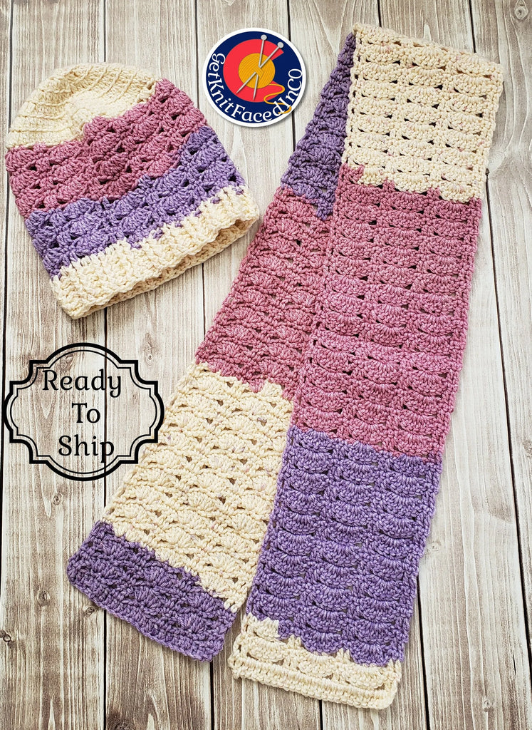 Pink Purple Cream Hand Crocheted Hat Scarf Set