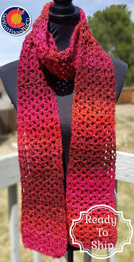 Red Variegated Hand Crocheted Eyelet Winter Scarf -